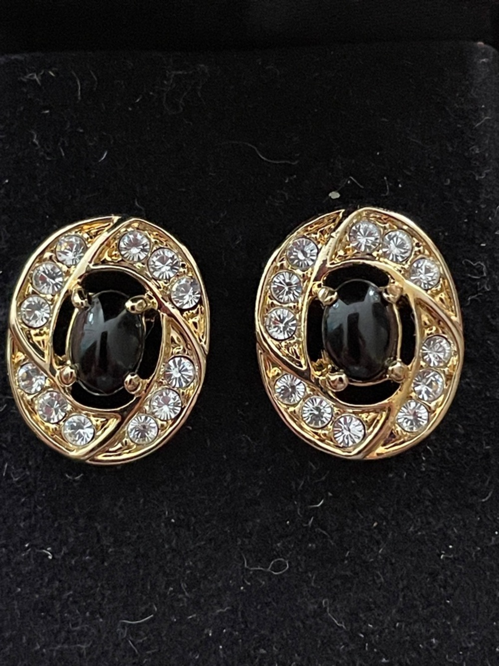 Gold-Tone Black Onyx and Crystal Oval Stud Earrings